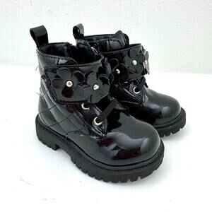 Jessica Simpson Black Shiny Faux Leather Quilted Flower Combat Boots Toddler 5